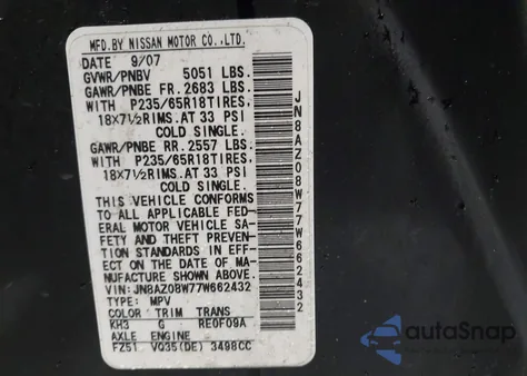 2007 Nissan Murano Sl z USA, uszkodzony, nr VIN JN8AZ08W77W662432